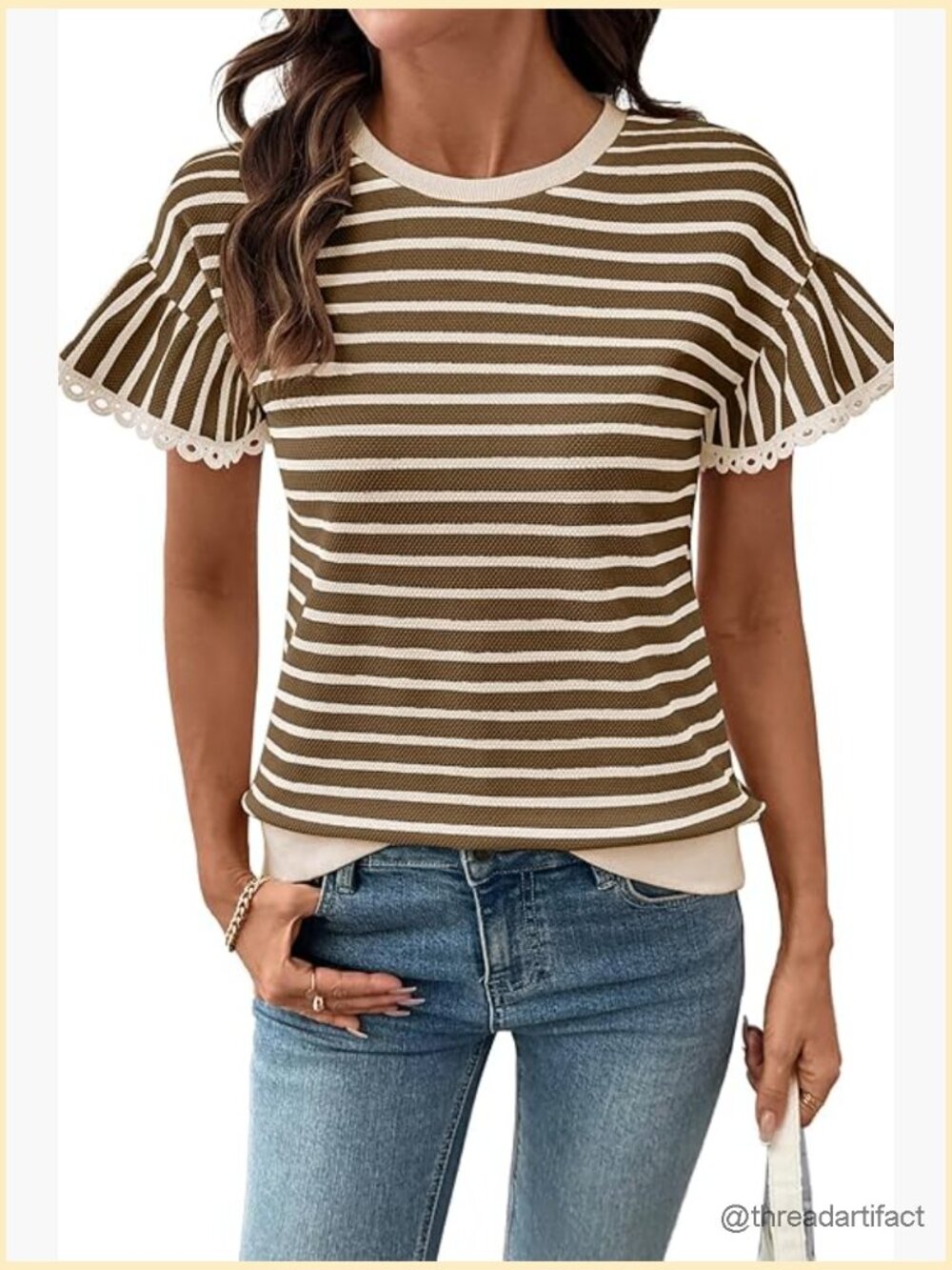 Loose Fit Striped Rib Knit Short Sleeve T-Shirt Business Casual Top